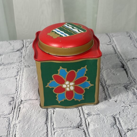 Vintage Santa Bell Poinsettia Cube Shaped Christmas metal tin 5” - Picture 3 of 13